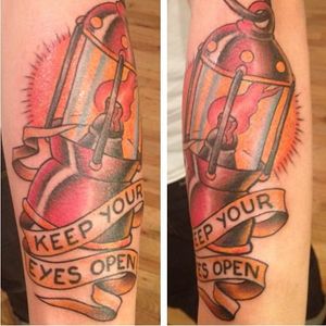 A beautiful tattoo of an illuminating lantern by Oliver Peck (via IG -- oliverpecker) #OliverPeck #InkMaster #traditional #lantern #banner