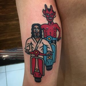 Friends on segways by Wan Tattooer #WanTattooer #segway #Jesus #Devil #funny #traditional