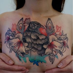 Colorful bird tattoo by Miss Sucette #MissSucette #bird #flowers #colors