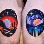 Desert and forest respites by David Peyote #thedavidcote #DavidPeyote #newtraditional #color #landscape #desert #cactus #fire #stars #galaxy #solarsystem #mountains #stream #water #road #forest #sun #moon #tattoooftheday