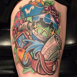 An alternative Wonka inspired tattoo using some of the symbolic icons from the movies. Tattoo by Jeremy Miller #WillyWonka #RoaldDahl #chocolate #movie #retro #childhood