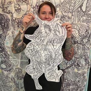 One of Joel Soos' clients shows off the stencil for her backpiece. (via IG—joel_soos) #JoelSoos #Backpiedce #Bodysuit #Huge #Stencil