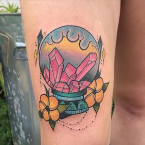 Crystal Ball Tattoo by Nick Stambaugh #crystalball #crystalballtattoo #traditonal #traditionaltattoo #brighttattoos #neon #neontattoo #colorful #quirky #creativetattoos #NickStambaugh