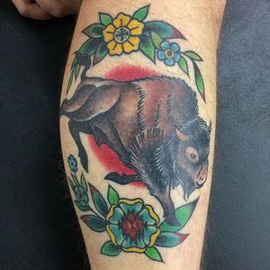 Buffalo Tattoo by Megon Shoreclay #Buffalo #BuffaloTattoo #Bison #AmericanTraditional #Traditional #MegonShoreclay