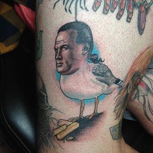 Steven Seagal seagull tattoo by The Leisure Bandit. #neotrad #neotraditional #seagull #bird #StevenSeagal #TheLeisureBandit #BrodiePedersen