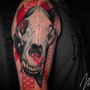 Animal skull tattoo by Michael Cloutier @cloutiermichael #Michaelcloutier #blackandgray #blackandgrey #blackandred #black #red #trashpolka #realism #animal #skull