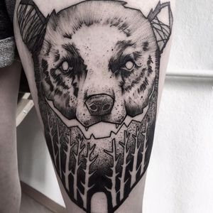 Bear tattoo by Gaston Tonus #GastonTonus #sketch #surrealistic #graphic #monochrome #monochromatic #blackwork #dotwork #bear #forest
