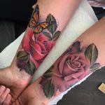 Rose cover up tattoos by Chloe Aspey #coveruptattoos #color #rose #flower #leaves #nature #watercolor #realistic #painting #butterfly #wings #monarchbutterfly #tattoooftheday