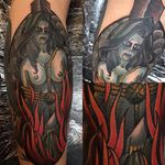 Burning Witch Tattoo by Loo Pimble #witch #witchtattoo #burningwitch #burningwitchtattoo #witchhunt #witchhunttattoo #horrortattoo #LooPimble