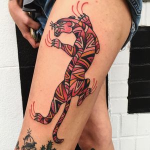 Pink panther tattoo by Hillary Fisher White #HillaryFisherWhite #animaltattoos #color #traditional #newtraditional #pink #panther #cat #junglecat #blood #fierce