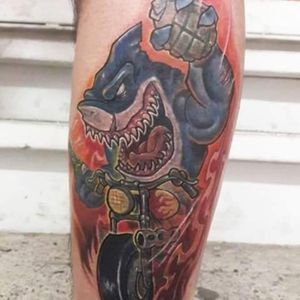 Ripster riding a motorcycle with a grenade in hand by Cesar Gonzalez (IG—cesar.rottink.tattoos). #CesarGonzalez #jawsome #Ripster #StreetSharks