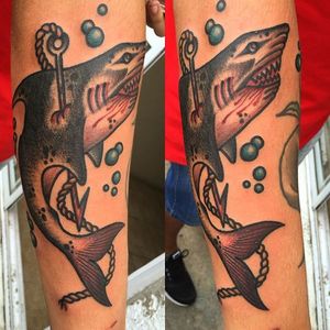 Harpooned Shark Tattoo by GerbanCheroTattoos #harpoonedshark #shark #traditional
