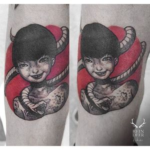 Black and red illustration tattoo by Zihae. #southkorean #southkorea #zihae #blackandred #red #illustrative #snake #boy