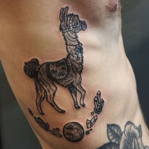 Alpaca tattoo by Pony Reinhardt. #PonyReinhards #linework #blackwork #woodcut #alpaca