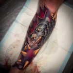 Fresh wolf tattoo done by Matt Curzon. #mattcurzon #wolf #fresh #neotraditional