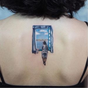Dali tattoo by Jefree Naderali #jefreenaderali #arttattoos #color #watercolor #realism #salvadordali #dali #famouspainting #lady #window #ocean #landscape #sky #clouds #tattoooftheday