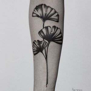 Blackwork ginkgo leaf tattoo by Ilya Brezinski #ginkgo #leaf #IlyaBrezinski #blackwork #linework #dotwork