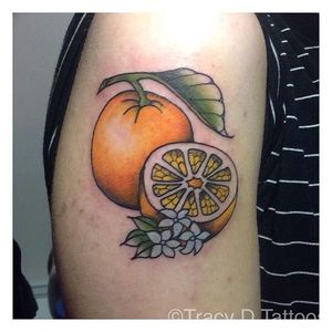 Orange and orange blossom tattoo by Tracy D.  #orange #citrus #fruit #orangeblossom #traditional #TracyD