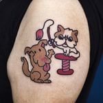 Cartoon cat and dog tattoo by Hong Ji Sun. #Hongjisun #cartoon #bold #comical #funny #cute #cat #dog