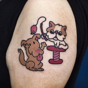 Cartoon cat and dog tattoo by Hong Ji Sun. #Hongjisun #cartoon #bold #comical #funny #cute #cat #dog