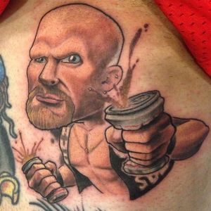 Stone Cold Steve Austin caricature tattoo by @painfulreminders. #SteveAustin #StoneCold #StoneColdSteveAustin #caricature #neotraditional #painfulreminders