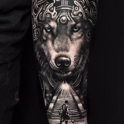 Warrior Visions by Mumia #Mumia #blackandgrey #realism #realistic #hyperrealism #aztec #mayan #wolf #sculpture #warrior #stairs #architecture #tribal #building #vision #light #tattoooftheday