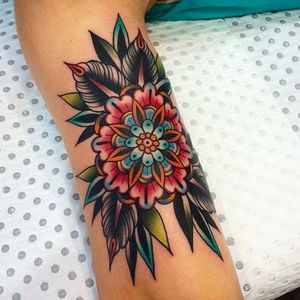 Flower mandala tattoo, photo from Good Luck Tattoo Facebook page. #flower #mandala #KirkJones #mandalatattoo #traditional