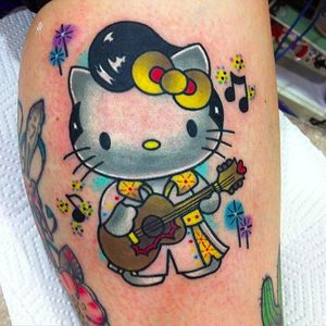 Elvis meets Hello kitty! Tattoo by @roxyryder #roxyryder #hellokitty #guitar #elvis #TheKing #Alchemytattoostudio #UK
