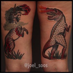 Quirky tattoo by Joel Soos #unicorntattoo #trextattoo #JoelSoos #traditionaltattoo