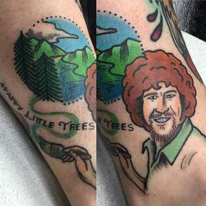 Bob Ross tattoo by Sophie Annison #bobross #bobrosstattoo #bobrosstattoos #funtattoos #bobrossink #bobrossart #artist #art #artistattoo #SophieAnnison