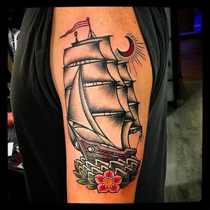 Ship tattoo by @Capratattoo #Capratattoo #traditional #black #red #SkullfieldTattoo #ship #galleon #nautical