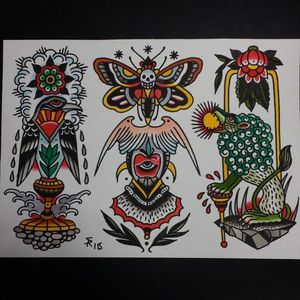 Traditional tattoo flash by Sam Ricketts, photo from Sam's Instagram. #flash #flashsheet #traditional #oldschool #bird #moth