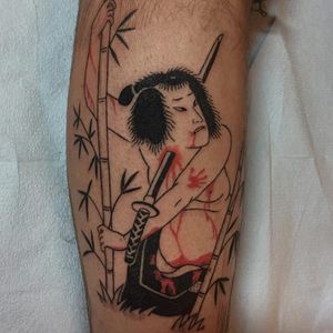 Dying warrior tattoo by Kunisada #Kunisada #Japanesetattoos #color #blackwork #warrior #samurai #samuraisword #sword #blood #bamboo #death #blood #tattoooftheday