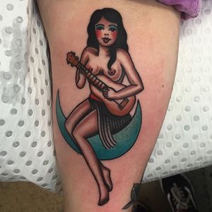Moon Babe by Jaclyn Rehe (via IG-jaclynrehe) #americantraditional #pinup #moon #guitar #sailor #color #JaclynRehe #ChapelTattoo
