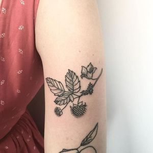 Salmonberry Branch Tattoo by Kate Holley #handpoked #handpokedtattoo #handpoke #handpoketattoo #handpoketattoos #handpokeartist #KateHolley