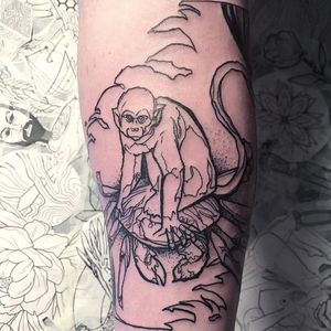 Monkey tattoo by Pablo Puentes #PabloPuentes #linework #blackwork #abstract #monkey #animal