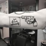 Pistol tattoo by Mr. Heggie. #MrHeggie #blackwork #uk #british #alternative #contemporary #gun #swear #pistol