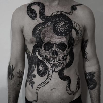 Skull and snake by Alexander Grim #AlexanderGrim #blackwork #skull #snake #tattoooftheday