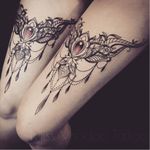 Bejewelled tattoos by Miss Voodoo #MissVoodoo #ornamental #lace #mehndi #chandelier #feather #jewel #matching