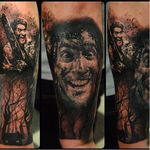 Awesome black and grey Evil Dead tattoo #ashwilliams #evildead #demons #gore #horrortattoo
