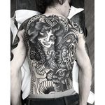 Blackwork Dragon Tattoo by Simone Ruco #blackwork #traditionalblackwork #blacktattoos #blackink #SimoneRuco #backpiece #dragon