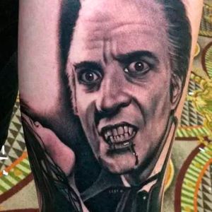 Christopher Lee as one of his many incarnations of Dracula Tattoo by Bob Tyrell #Dracula #vampire #horror #cinema #BramStoker #ChristopherLee #blackandgrey #BobTyrell #portrait #realism