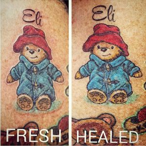 A fresh and healed version of our favorite bear by Paula Stirland. (Via IG - hatefueled_tattoos)