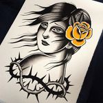 Thorny by Danielle Rose (via IG-daniellerosetattoo) #flashart #ladyheads #somber #flower #thorns #traditional #daniellerose