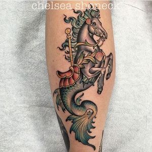 Seahorse Tattoo by Chelsea Shoneck #SeahorseTattoo #SeahorseTattoos #Seahorse #HorseTattoos #HorseTattoos #Traditonal #SeaCreature #OceanTattoos #ChelseaShoneck
