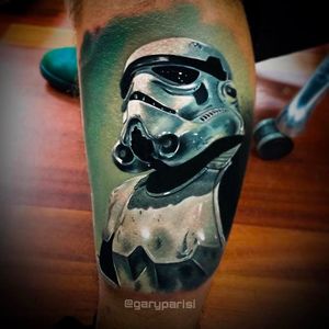 Smooth and solid Storm Trooper tattoo done by Gary Parisi. #GaryParisi #starwars #theforce #painterlystyle  #stormtrooper