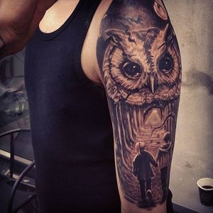 Black and grey forest scene tattoo by Kobay Kronik. #blackandgrey kandgrey #realism #owl #forest #KobayKronik