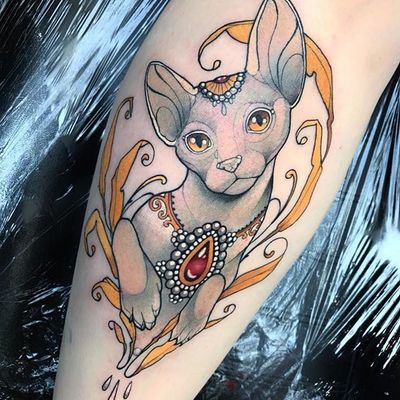 Neotraditional cat by Miss Juliet #MissJuliet #color #neotraditional #cat #tattoooftheday