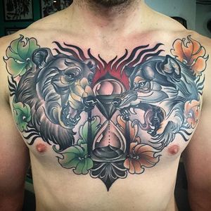 Bear and wolf chest piece by Kat Abdy. #neotraditional #KatAbdy #hourglass #wolf #bear #chest