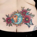 A lovely sun and moon with flowers by Gian Karle Cruz for Ink Master's "Coverup" challenge (IG—giankarle). #butterfly #flower #GianKarleCruz #InkMaster #moon #neotraditional #sun